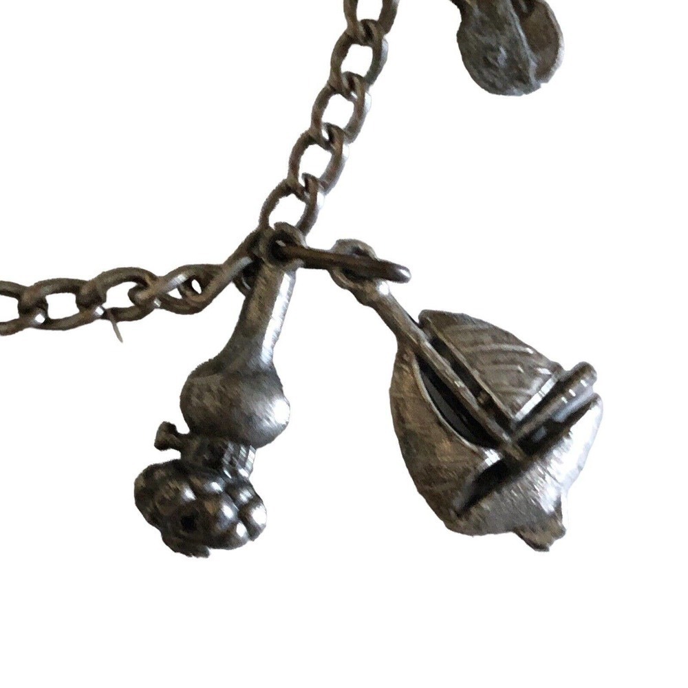 Antique Art Deco Metal Charm 7.￼25” Bracelet 5 Charms Ships Violin Binoculars - Picture 7 of 10